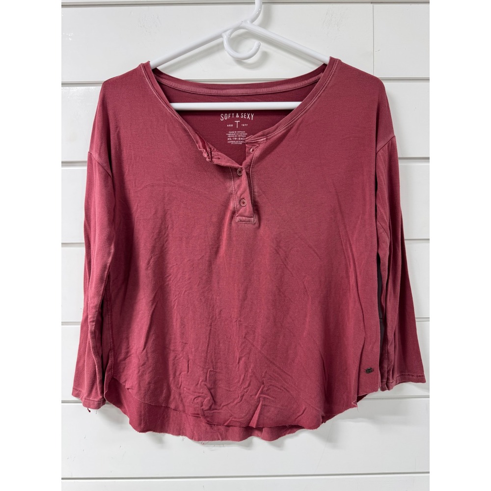 American Eagle Soft & Sexy Henley Top Burgundy Long Sleeve XS Women